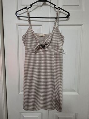 Altar’d State Brown Tan Checkered Mini Dress Front Slit Gingham Boho Chic NWT M
